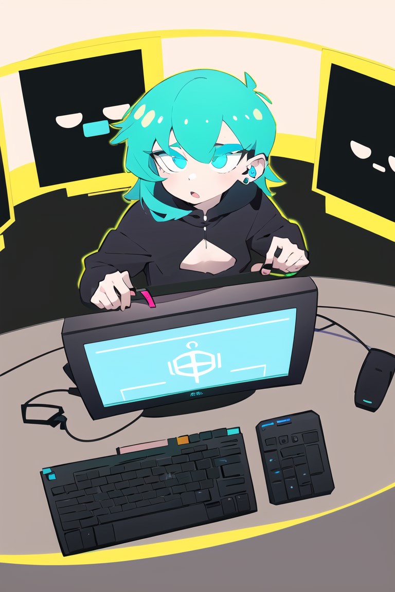 27949-2637157257-1girl, green hair,eye rings, hacker, computer screens , tired typing, computer monitor _, flat color, wide-eyed,.png